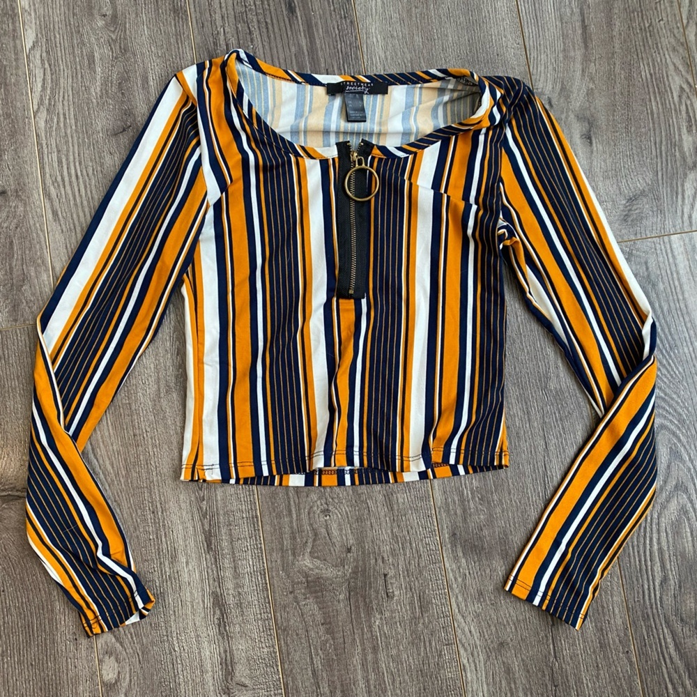 CLEAROUT Retro Striped Long Sleeve Top with slight crop and gold zipper